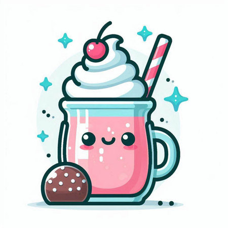 Cute milkshake character with chocolate cookies and whipped cream. Vector illustration.のイラスト素材