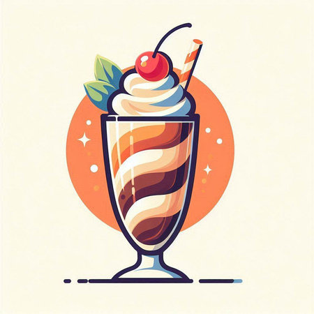 Milkshake with whipped cream, cherry and mint. Vector illustration.のイラスト素材