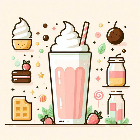 Vector illustration of milkshake with ice cream in a glass.のイラスト素材