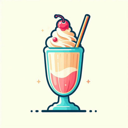 Cherry milkshake with whipped cream in a glass. Vector illustration.のイラスト素材