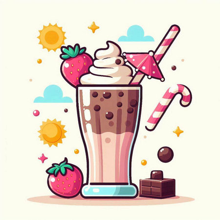 Chocolate milkshake with whipped cream and strawberries. Vector illustration.のイラスト素材