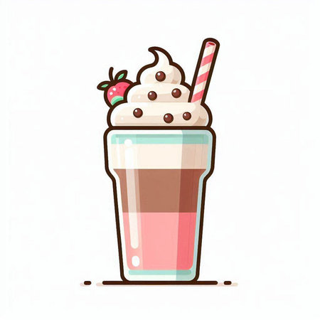 Iced chocolate milkshake with whipped cream and strawberries, vector illustrationのイラスト素材