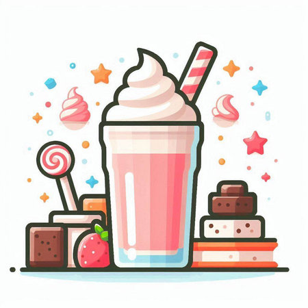 Milkshake in a glass and different sweets. Vector illustration.のイラスト素材