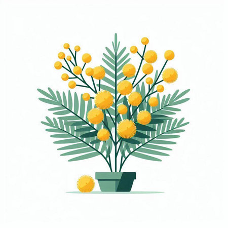 Bouquet of mimosa flowers in a pot. Vector illustration.のイラスト素材
