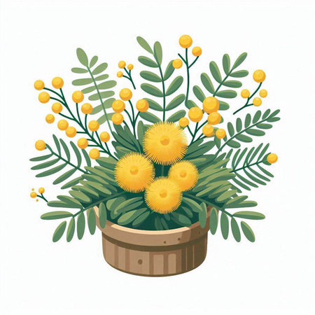 Bouquet of mimosa flowers isolated on white background. Vector illustration.のイラスト素材