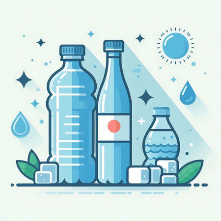 Plastic bottles with water. Vector illustration in flat linear style.のイラスト素材