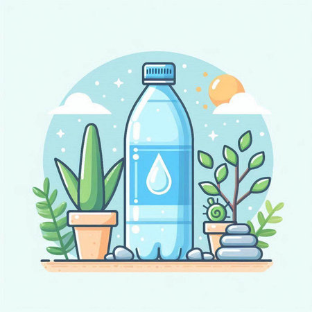 Bottle of water with plants. Vector illustration in flat style.のイラスト素材