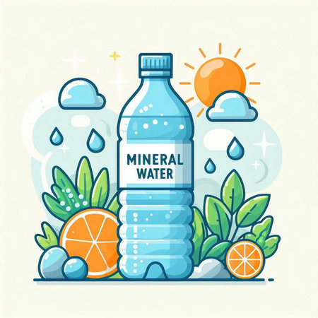 Vector illustration of a bottle of mineral water with orange and leaves.のイラスト素材