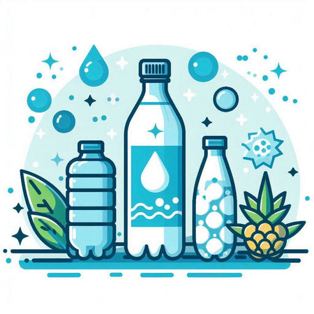 Vector illustration of bottles with water and leaves. Flat line art style.のイラスト素材