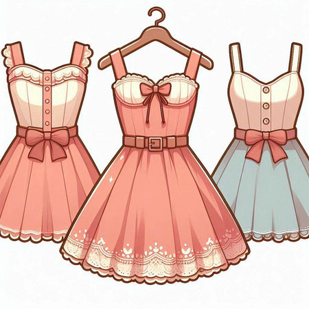 Set of women's dresses on a hanger. Vector illustration.のイラスト素材