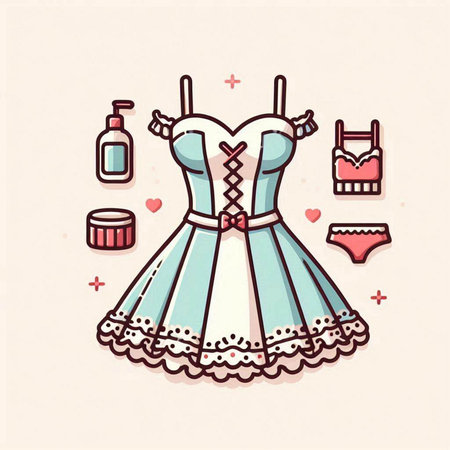 Cute hand drawn vector illustration of pin-up dress and accessories.のイラスト素材