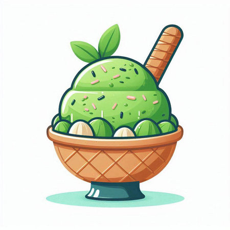 Green tea ice cream in a waffle cup. Vector illustration.のイラスト素材