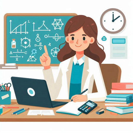 Vector illustration of a young female teacher sitting at her desk in front of the blackboard.のイラスト素材