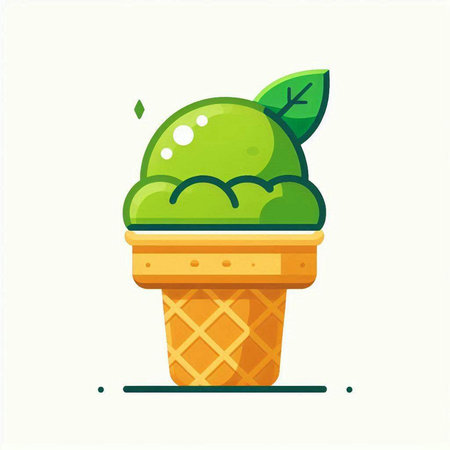 Ice cream in waffle cone with green leaves vector flat illustration.のイラスト素材