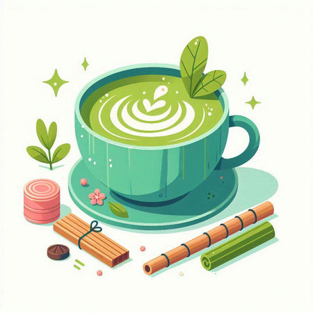 Matcha latte vector illustration. Matcha latte cup with matcha beans, green tea leaves and cinnamon sticks.のイラスト素材