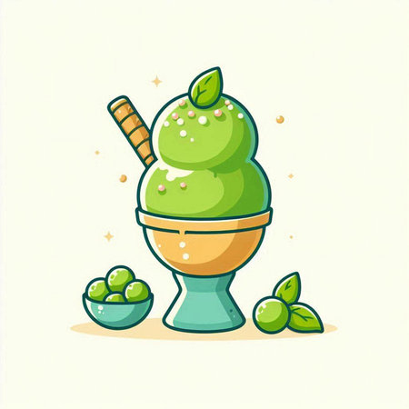 Green tea ice cream in a bowl. Vector illustration in cartoon style.のイラスト素材