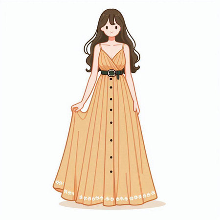 Beautiful girl in a long dress on a white background. Vector illustrationのイラスト素材