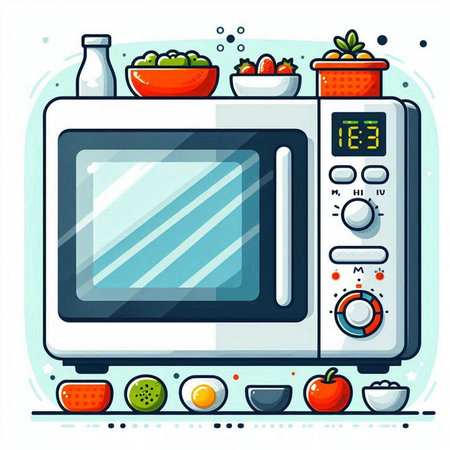 Microwave oven with vegetables. Kitchen appliances. Vector illustration.のイラスト素材
