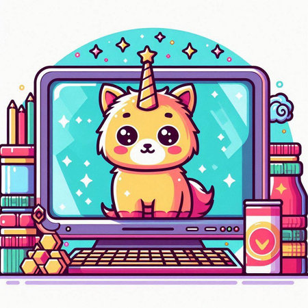 Cute cartoon cat with unicorn horn on laptop screen. Vector illustration.のイラスト素材