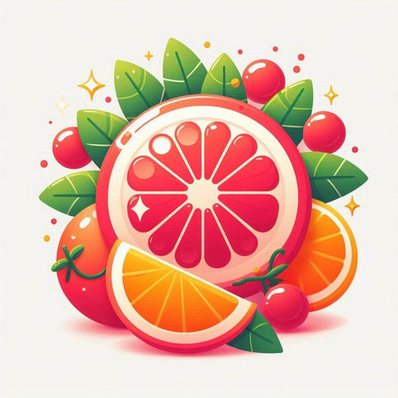 Citrus fruit background with grapefruit and cherry. Vector illustration.のイラスト素材