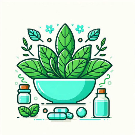 Herbal medicine concept. Vector illustration in flat line style with herbs, leaves, bottle and pills.のイラスト素材