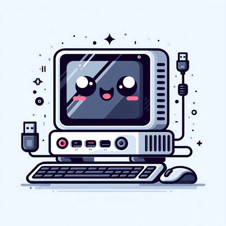 Vector illustration of cute cartoon computer monitor with happy face. Flat line art design for web, site, advertising, banner, poster, board and print.のイラスト素材