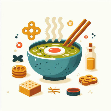 Japanese soup in a bowl with chopsticks. Vector illustration in cartoon style.のイラスト素材