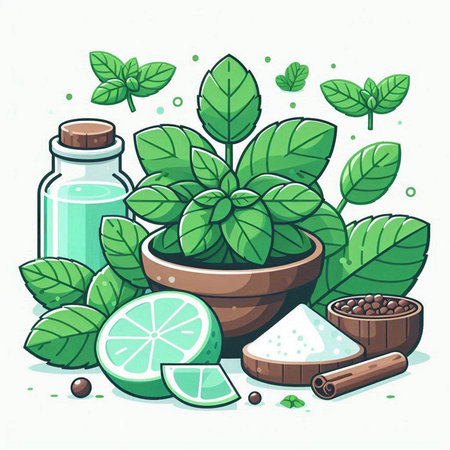 Mint, lime, cinnamon and salt. Vector illustration in cartoon style.のイラスト素材