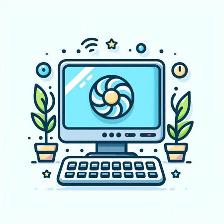 Computer with video camera and plant on white background. Vector illustration.のイラスト素材
