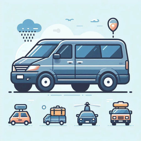 Flat vector illustration of a minibus, taxi, car, train, bus.のイラスト素材
