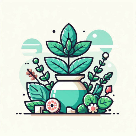 Flower pot with green leaves and flowers. Vector flat illustration.のイラスト素材