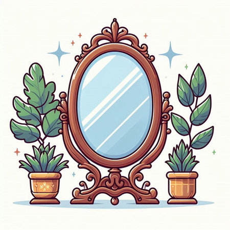 Vector hand drawn doodle illustration of a mirror with plants.のイラスト素材