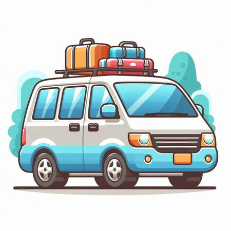Van with luggage on the road. Vector illustration in cartoon style.のイラスト素材