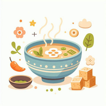 Japanese miso soup. Vector illustration of miso soup in a bowl.のイラスト素材