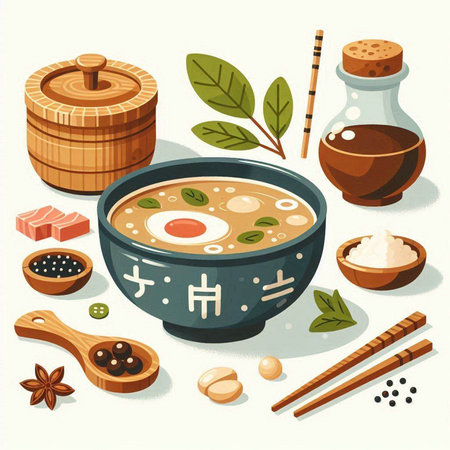 Japanese soup in a bowl with chopsticks and ingredients. Vector illustration.のイラスト素材