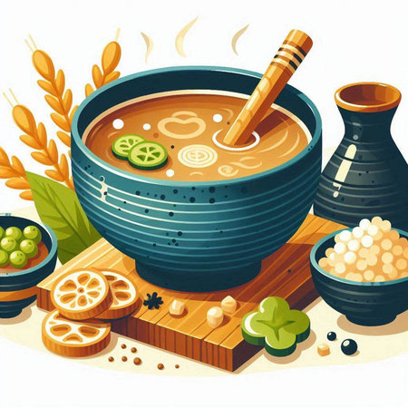 Illustration of a bowl of soup on a wooden board with ingredientsのイラスト素材