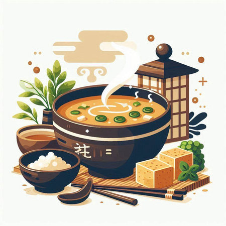 Japanese cuisine, miso soup in a bowl. Vector illustration.のイラスト素材