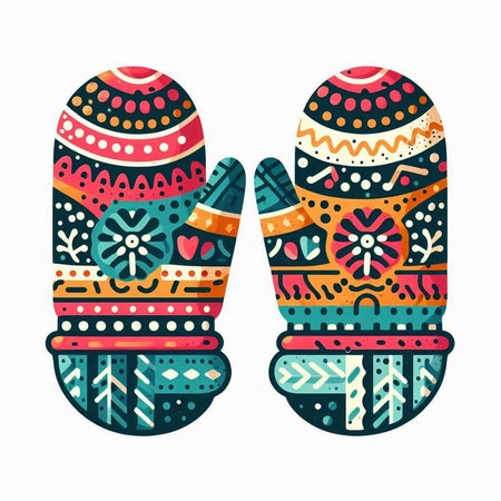 Hand drawn vector illustration of a pair of mittens with abstract patternsのイラスト素材