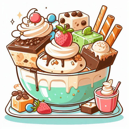 Vector illustration of ice cream in a bowl with whipped cream, chocolate, strawberry, vanilla, wafer rolls.のイラスト素材
