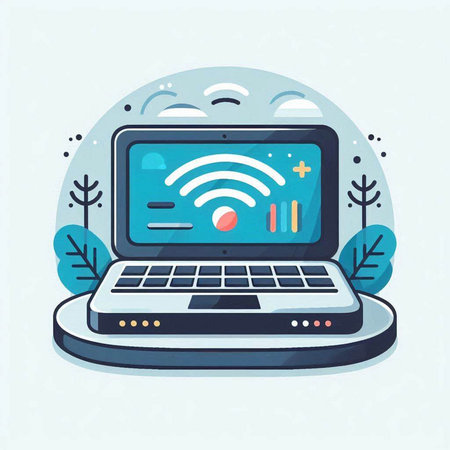 Laptop with wifi signal. Flat style vector illustration. Internet technology concept.のイラスト素材