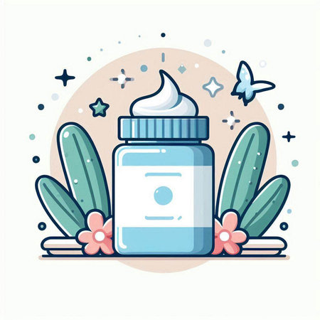 Cosmetic cream jar with flowers and leaves. Flat vector illustration.のイラスト素材