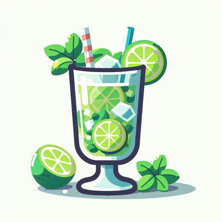 Cocktail with lime, mint and straws. Vector illustration.のイラスト素材