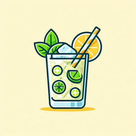 Mojito cocktail with lime, mint and straw. Vector illustration.のイラスト素材