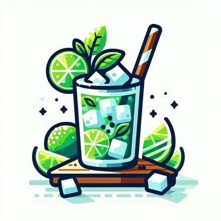 Mojito cocktail with lime, ice cubes and straw. Vector illustration.のイラスト素材