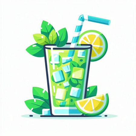 Cocktail with lime, ice cubes and mint leaves. Vector illustration.のイラスト素材