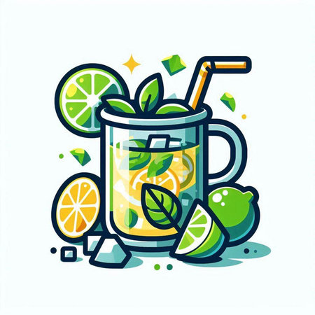 Mojito drink with lime, mint and ice. Vector illustration.のイラスト素材
