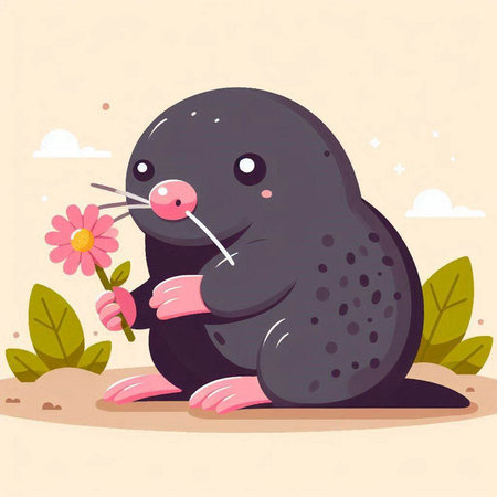 Funny mole with a flower in its mouth. Vector illustration.のイラスト素材