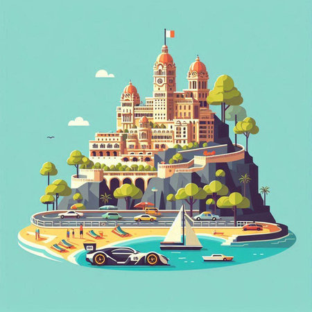 Vector illustration of a beautiful view of the famous Montjuic castle in Barcelona, Spainのイラスト素材