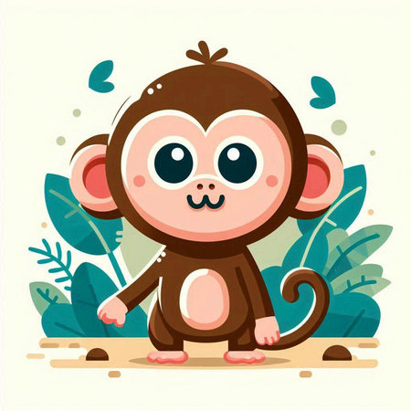 Cute cartoon monkey with leaves. Vector illustration in flat style.のイラスト素材