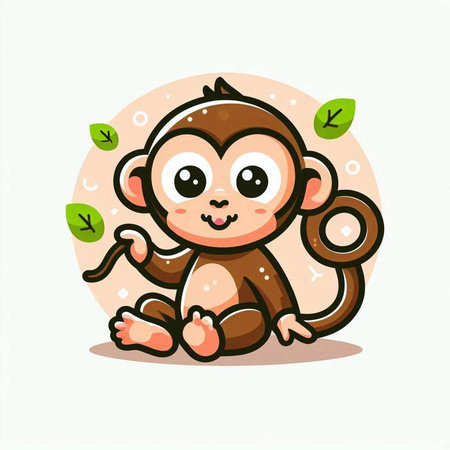 Cute cartoon monkey sitting on the green leaves background. Vector illustration.のイラスト素材